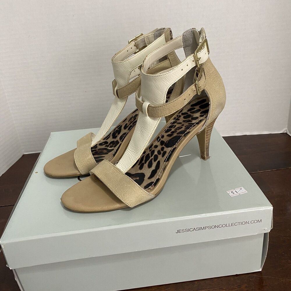 Jessica Simpson Womens Easton Strappy Heels Size 7.5 Beige/White T-Strap